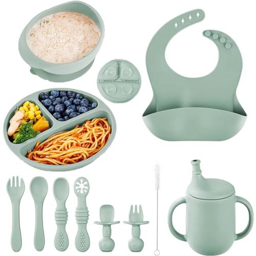 Silicone Baby Feeding Set, 11-Piece Baby Plates and Utensils Set Baby Led Weaning Supplies Self Feeding Baby Utensils Feeding Supplies For 6+ Months Toddler (Green)