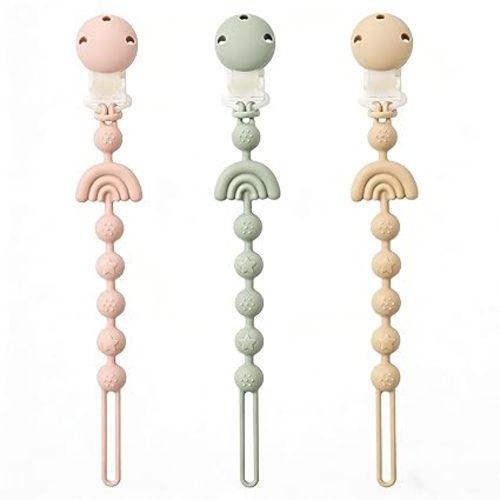 Baby Pacifier Clips One Piece Binky Clip Holder Silicone Teether Clip Pacifier Straps with Clip Baby Teether Toys for Boys and Girls Set of 3 Andy Bear-Ivory+Sage+Blush