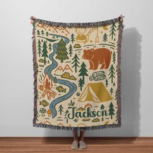 Personalized Kids Camping Blanket – Adventure Woven Throw, Bear & Campfire