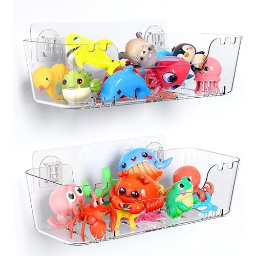 Bath Toy Storage Holder for Bathtub, Clear Acrylic Bath Toy Organizer with Drain Holes, 2 Pack Large Capacity Bathtub Toy Storage Shower Caddy for Bathroom