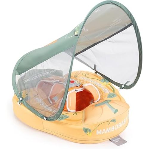Mambobaby Float Add Tail Baby Swim Float with Canopy Solid Pool Infant Swim Trainer Swimming Training Lying Air Free Water Floats Non-Inflatable Waist Swim Ring for Toddlers (Pumpkins)
