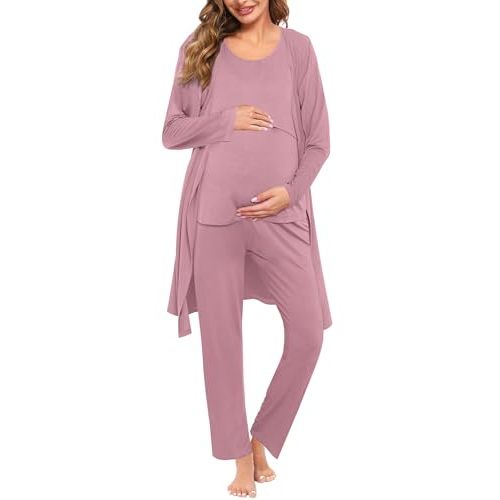 SWOMOG Maternity Nursing Robe Set 3 PCS Women Postpartum Pajamas Breastfeeding Labor Delivery Hospital Pregnancy Pjs