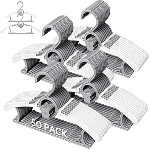 50 Pack Kids Hangers for Nursery Closet, Adjustable Non-Slip Toddler Baby Hangers with Windproof Buckle, 11-14" Infant Child Plastic Clothes Pant Hanger for Boys Girls Newborn Adult, Grey