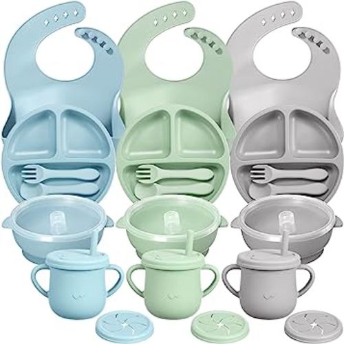 3 Sets Baby Led Weaning Supplies, Silicone Baby Feeding Set with Divided Plate Adjustable Bib Suction Bowl with Lid Snack Cup Soft Spoon Fork, Self Eating Utensil (Light Blue, Light Green, Light Gray)