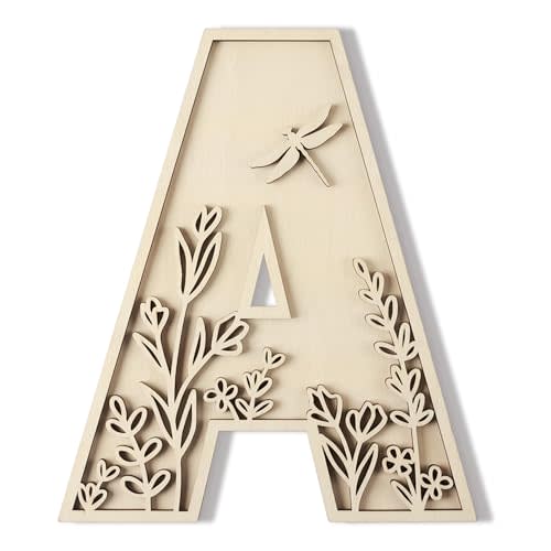 Layered 12 Inch Large Wooden Letters for Wall Decor, Flowered Paintable Wooden Nursery Letters for Crafts Wood Alphabet Letter A for Birthday Boho Nursery Name Sign Wedding Home Decoration