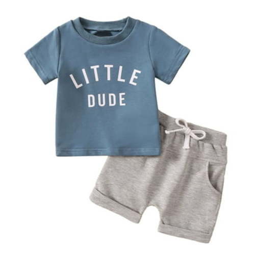 Efsteb Baby Boy Clothes Clearance Newborn Infant Toddler Kids Baby Boys Clothes Sets Short Sleeve Letter Print Tops Solid Color Shorts Casual Suit Pocket Blue (0-6 Months)