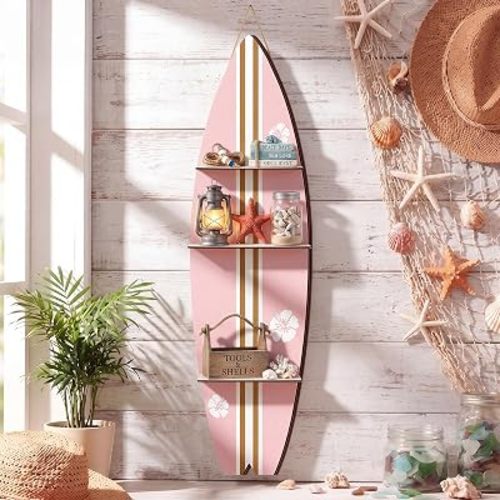 Surfboard Wall Decor, 47" x 13" Large Wooden Surfboard Wall Shelf with 3 Tiers Decorative Beach Coastal Surf Board Shelf for Summer Room Decoration,Comes with Screws & Screwdriver(Pink)