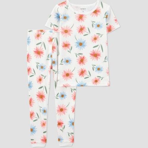 Carter's Just One You®️ Toddler Girls' 2pc Short Sleeve Floral Snug Fit Pajama Set - Ivory 3T: 100% Cotton, Crew Neck, Botanical Pattern