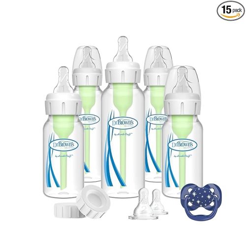 Dr. Brown's Natural Flow Anti-Colic Options+ Narrow Baby Bottle Gift Set with Advantage Pacifier, and Bottle Travel Caps