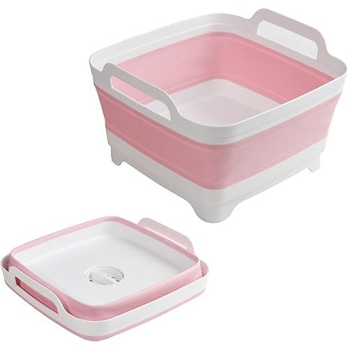Collapsible Dish Basin Foldable Kitchen Sink With Drain Plug Plastic Laundry Tub 9L/2.4Gal RV & Camping Wash Basin Space-Saving Bottle Washing Sink (Pink)