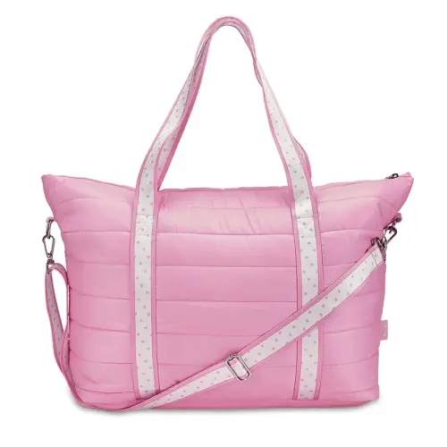 Pink Puffer Tote Weekender with Heart Straps