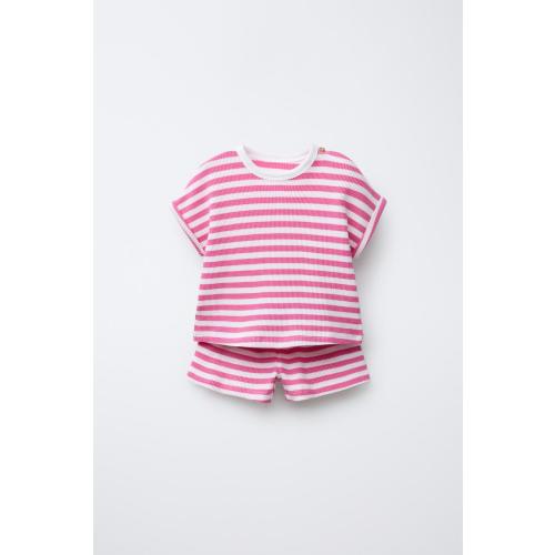 STRIPED WAFFLE KNIT T-SHIRT AND SHORTS SET - Navy blue | ZARA United States