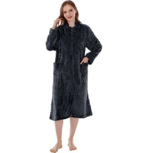 PAVILIA Womens Fluffy Housecoat Zip Robe, Faux Shearling Zipped Up Front Bathrobe, Plush Warm Zipper House Coat Lounger (Emerald Green, Small-Medium)