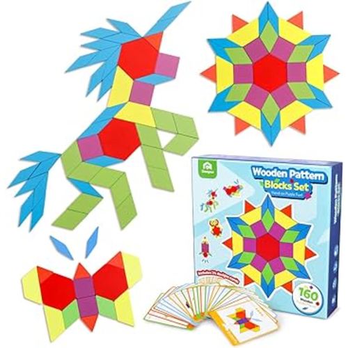 Coogam 160 PCS Wooden Shape Puzzle Pattern Blocks, Geometric Tangrams Game Brain Teaser Toy, Geo Preschool Learning Activity STEM Montessori Gift for Kids with 24 Pcs Design Cards