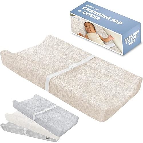Jool Baby Changing Pad - Contoured, Waterproof & Non-Slip, Includes a Cozy, Breathable, & Washable Cover (Oatmilk/Wave)