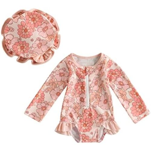 ZAXARRA Little Baby Girls Swimsuit One Piece Rash Guard Long Sleeve Zipper Ruffle Bathing Suit Toddler Summer Clothes