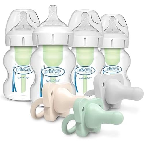Dr. Brown’s Natural Flow® Anti-Colic Options+™ Wide-Neck Baby Bottle, 5 oz/150 mL, Level 1 Nipple, 4-Pack, 0m+ with HappyPaci 100% Silicone Pacifier 0-6m, BPA Free, Cool Gray, Green, Ecru, 3 Pack
