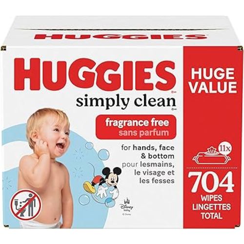 Huggies Simply Clean Unscented Baby Diaper Wipes, 11 Flip-Top Packs (704 Wipes Total), Packaging May Vary