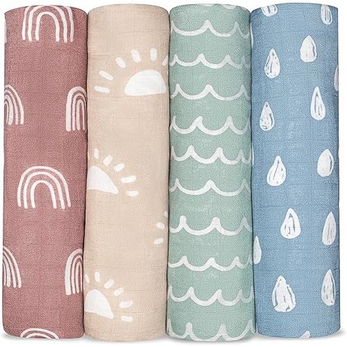 Comfy Cubs Muslin Swaddle Blankets Pack of 4, 47 x 47 Inches, Soft Cotton Baby Blanket Set, Large Multipurpose Swaddling Wraps for Newborns - Self-Soothing Swaddle - Sun, Rainbow, Rain, Doodle