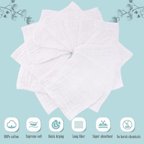 Cute Castle 12 Pack Muslin Burp Cloths for Baby - Ultra-Soft 100% Cotton Baby Washcloths - Large 20'' by 10'' Super Absorbent Milk Spit Up Rags - Burpy Cloths for Unisex, Boy, Girl - White