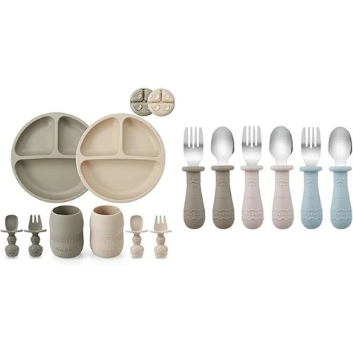 PandaEar Silicone Baby Feeding Set & Toddler Utensils (Light Tan/Walnut/Blue)