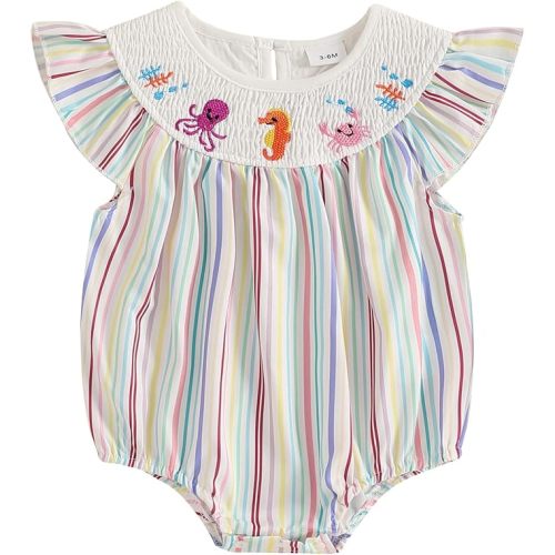 Newborn Baby Girl Outfit Octopus/Crab/Seahorse Stripe Sleeveless Smocked Bubble Romper Infant Bodysuit Summer Clothes