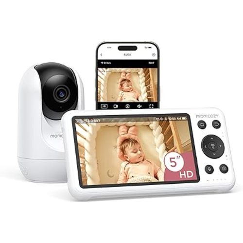 Momcozy Smart WiFi Baby Monitor with Camera and Audio, 5" 1080P Screen with Wall Mount, Motion & Cry Detection, Safe Fence, Clear Night Vision, 5000mAh Battery, 2-Way Talk, Photo & Video Recording
