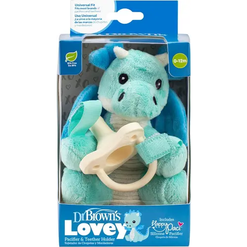 Dr. Brown's Baby Lovey Pacifier & Teether Holder, Dragon with Ecru HappyPaci, 100% Silicone, 0-6m