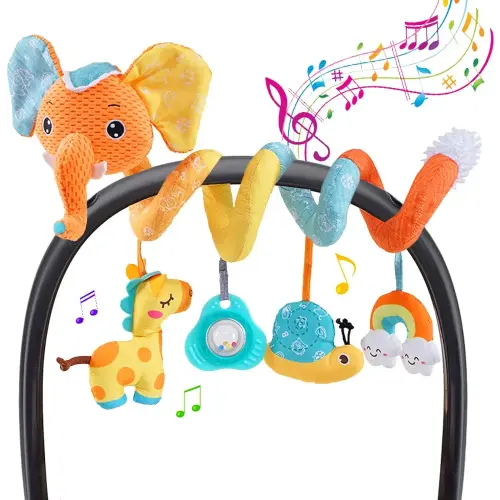 Car seat Hanging Toys, Baby Spiral Activity Plush Stroller Toys Baby Rattle Sensory Toys for Crib Mobile Bassinet with Music Box BB Squeaker Rattles, Infant Toys for 0 6 12 Months Gifts