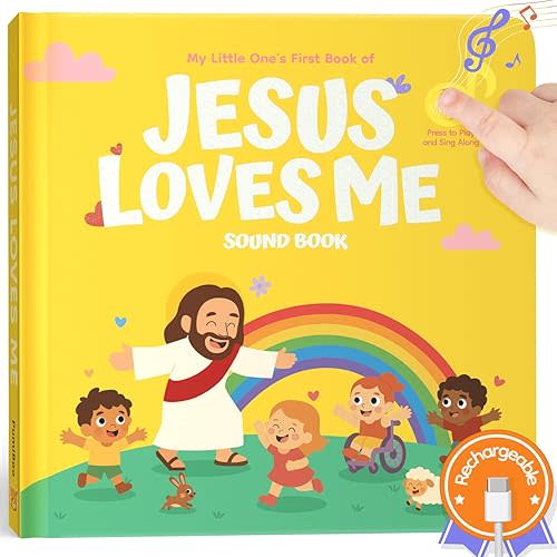Jesus Loves Me Christian Sound Books for Toddlers – 6 Christian Bible Songs, Rechargeable Music Song Books for Kids, Christening & Baptism Gifts for Baby Girls/Boys, Interactive Religious Singing Toys