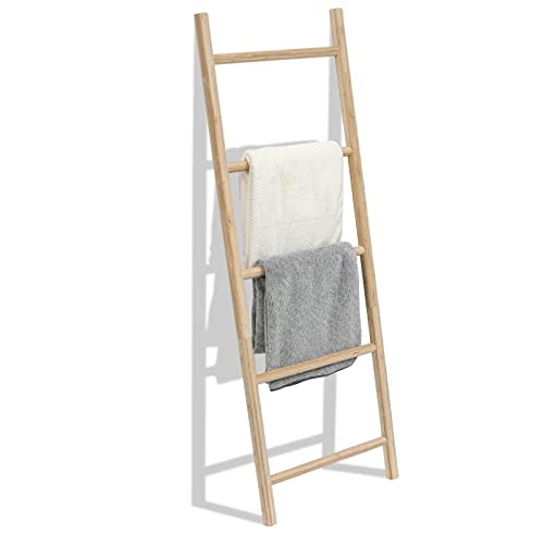 FUIN Fully Assembled 57in Bamboo Blanket Ladders Living Room Wood Decorative Wall Leaning Farmhouse Quilt Display Holder Rustic Wooden Towel Rack for Bathroom, Unfinished
