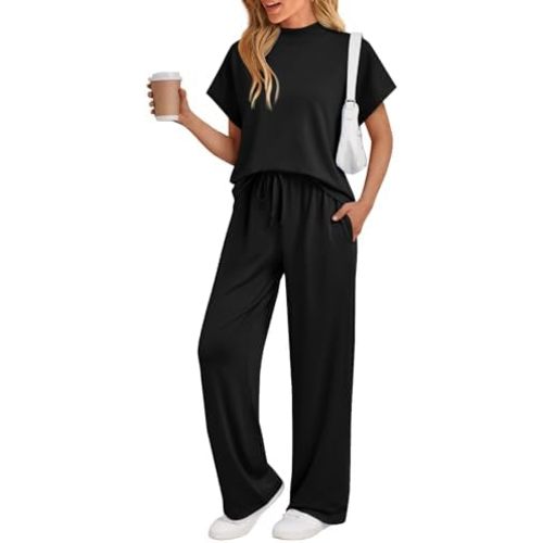 AUTOMET Women's Mock Neck 2 Piece Lounge Set Matching Summer Loose Fit Wide Leg Pants Set
