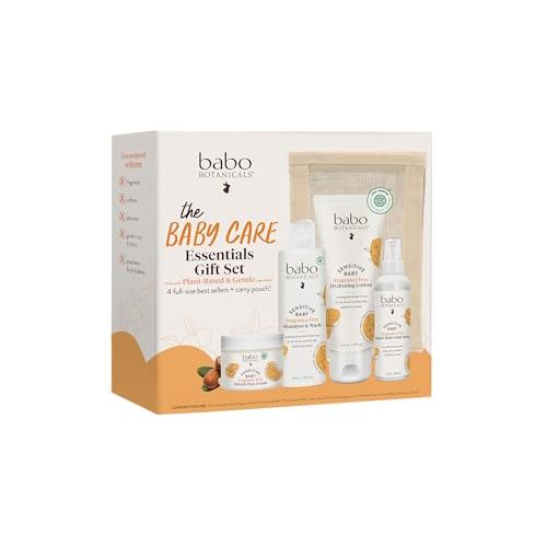 Babo Botanicals Baby Care Essentials Gift Set - Skincare, Bath & Diaper - For Delicate Skin, Fragrance-Free with Shea Butter, Includes Reusable Carry Pouch - Natural & Plant Based - 5 Items Set