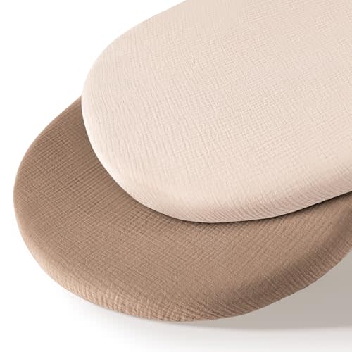 Muslin Bassinet Sheets for Baby Neutral, Soft Breathable Cotton Fitted Sheets for Oval, Rectangle, Hourglass Bassinet Mattress/Pad - 2 Pack (Ivory& Khaki)