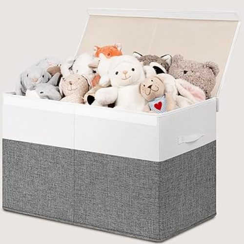 INDRESSME 25"x13"x16" Large Toy Storage Box with Lid, Toy BOX Chest Organizer Toy Basket with Dividers for Playroom, Bedroom, Closet, Toy Bin for Kids Baby Boys Girls (Grey & White)