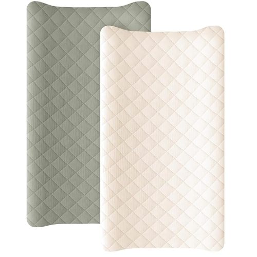 Konssy Waterproof Muslin Changing Pad Cover 2 Pack, Quilted Cotton Fitted Diaper Chang Table Cover, Soft Changing Pad Sheets for Girls Boys (Fog Green,Cream)