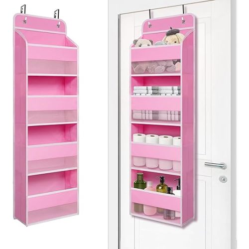 Over Door Organizer with 4 Large Capacity Pockets, Heavy Duty Hanging Organizer Storage for Closet Bathroom Nursery Bedroom Dorm, Toys Cosmetics Sundries and Baby Essentials, Pink