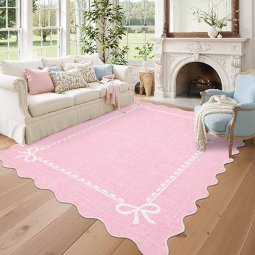 GarveeHome Scalloped Bow Rug 5x7 Washable Pink Rugs for Bedroom Living Room