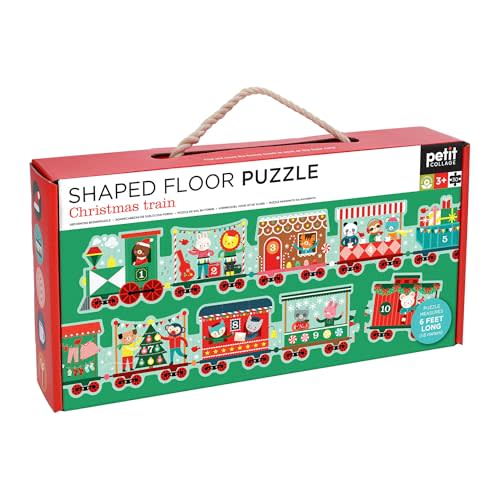Petit Collage: Christmas Train Shaped Floor Puzzle - Giant 6ft Long 30-Piece Holiday Floor Jigsaw for Toddlers 3+  Chunky Pieces with Box Handle  Eco-Friendly Seek-and-Find Gift for The Holidays