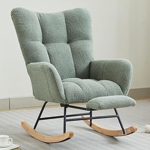 LETESA Nursery Rocking Chair, Teddy Upholstered Glider Chair with Footrest, Rocking Accent Chair with Side Pocket, Padded Reading Armchair with High Back for Living Room (Light Green)