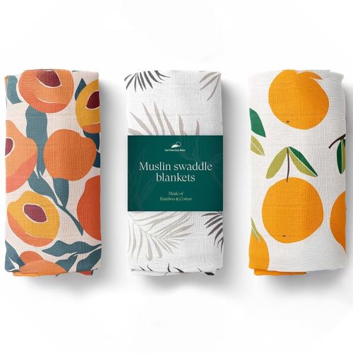 San Francisco Baby Muslin Swaddle Blankets, 3-Pack - Soft Bamboo Rayon and Cotton Receiving Blankets for Boys & Girls - Adorable Fruits Design