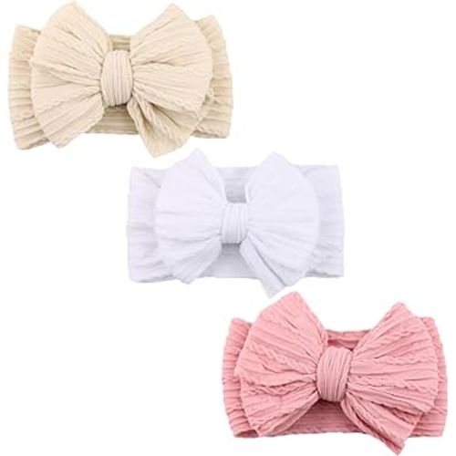 DRESHOW BQUBO Handmade Baby Headbands Soft & Stretchy Hair Bands with Bows Nylon Bows Hairbands for Girls Newborn Infant Toddlers Hair Accessories 3 pack
