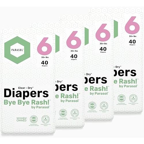 Parasol Clear+Dry Disposable Diapers, RashShield Protection and Leak-Control Fit, Hypoallergenic Diapers, Size 6 (35 Pounds and Up), 160 Count