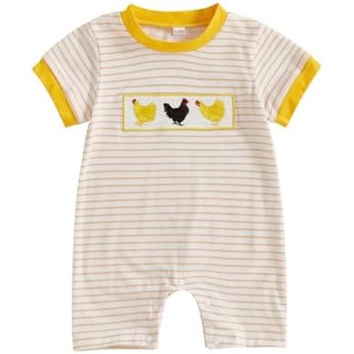 Summer Outfit Newborn Baby Boy Girl Chicken Embroidery Stripe Romper Jumpsuit Shortall Overalls Farm Clothes One Piece