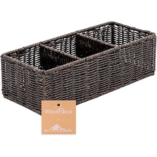 myHomeBody Wicker Basket With 3 Compartments, Woven Baskets for Organizing, Storage Basket, Toilet Tank Basket, Bathroom Counter Organizer, Bedroom Organization, Resin Wicker 1pc, Rustic Brown