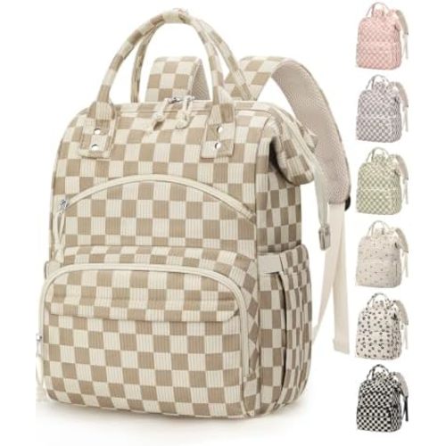 Pritent Corduroy Diaper Bag Backpack for Mom, Large Capacity Travel Baby Bag with Stroller Straps & Insulated Pockets, Unisex New Parent Essential, Checkered Khaki