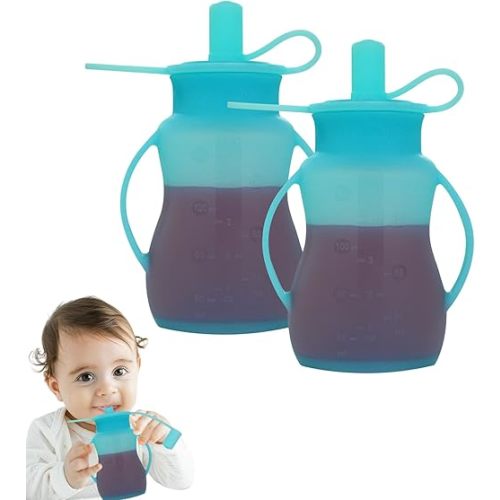 Reusable Silicone Baby Food Pouches, for Applesauce, Yogurt, Fruit or Vegetable Puree, Smoothies, BPA-Free Silicone Reusable Pouch Toddler, Dishwasher, Freezer, Microwave Safe, 4.78oz, 2Pack