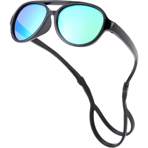 COASION Baby Polarized Sunglasses Flexible Rubber Shades with Adjustable Strap for Infant Toddler Boys Girls Ages 0-24 Months - A3 Black / Green Mirror - 42 Millimeters