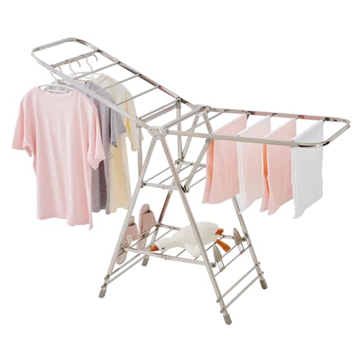 Kaixin Rabbit Foldable Clothes Drying Rack has 21 Rods, Non-Slip Buckle, Shoe Rack and Wheels ,Stainless Steel Laundry Drying Rack,Collapsible for Easy Storage,Rust-Proof,Works Both Indoors and Out