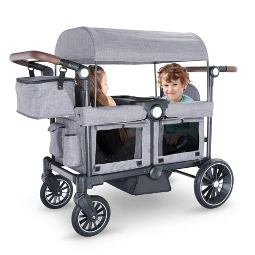 Kinder King Folding Wagon Stroller for 2 Kids, All-Terrain Baby Stroller Wagon Outdoor, Removable Canopy 2 Seater, Adjustable Handle, Shock-Absorbing Wheel, Detachable Tray, Parent Organizer, Gray